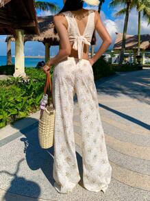 SHEIN Unity Apricot & Yellow Embroidery Textured Fabric Elegant Holiday Casual Drawstring Wide Leg Pants For Women Beach Outfits For Woman Resort Wear Women Summer Sets Beach Women Outfits Fall Cloth For Women