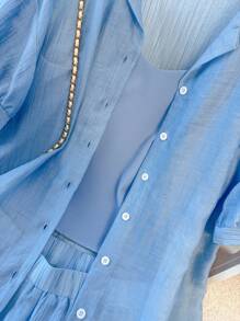 Summer Shorts Suit Fashionable Casual Short-Sleeved Texture Sunscreen Shirt Vest Three-Piece Suit - Blue - View 4