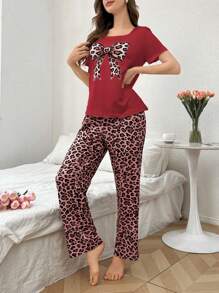豹纹蝴蝶结装饰短袖和长裤女士睡衣套装 - 彩色 - 查看 5