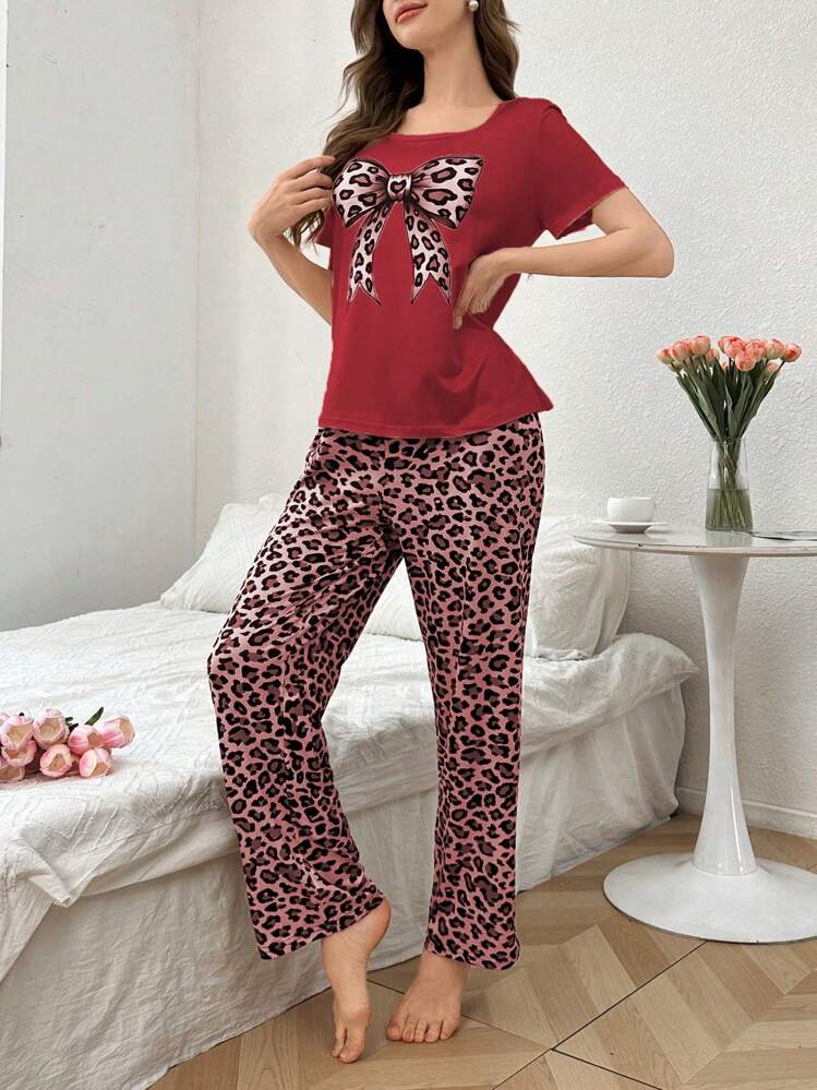 Leopard Print Bow Decor Short Sleeve & Long Pants Women Pajama Sets - Multicolor - View 5