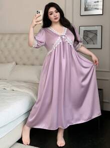 Dazy Plus Plus Size Purple Contrast Lace V-Neck Loose Long Nightgown Pajama - Purple - View 6