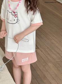 HELLO KITTY | DAZY 2 件套年轻女孩春夏图案针织圆领 T 恤和编织短裤 - 白色 - 查看 6