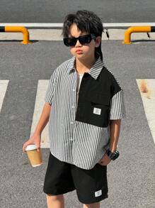 SHEIN 2pcs/Set Young Boys Comfortable Daily Casual Loose Fit Korean Fashion Stylish Striped Shirt And Contrasting Color Shorts Set, Suitable For Spring/Summer, Everyday Wear, Sports, Outdoor, School, Party, Festivals, Photo Shooting - Black - View 7
