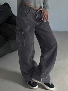 DAZY Jeans cargo de unicolor de pierna ancha y largo, de corte holgado para mujer