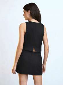 Maija 2pcs/Set Women Deep V-Neck Metal Buckle Tie-Up Bow Design Skirt Suit, Elegant For Mother's Day, Music Festival, Spring/Summer - Black - View 6