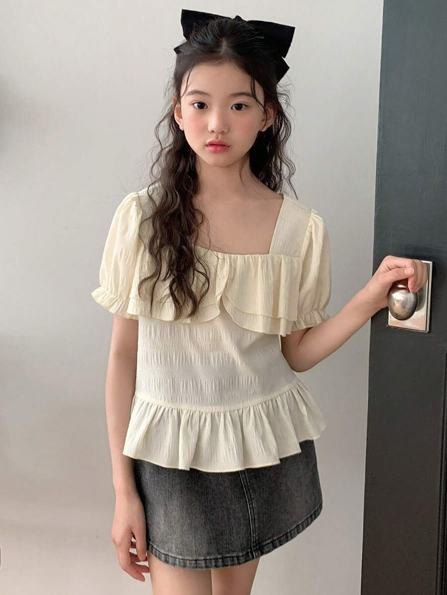 Bộ 2 món áo tay bồng cổ bèo nhún + chân váy denim cho bé gái tuổi teen, mùa hè, quần áo trở lại trường - Nhiều màu - Xem 1
