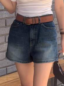 DAZY 做旧深色水洗迷你直筒牛仔短裤，春夏 - 深色水洗藍 - 查看 7