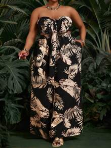 SHEIN CURVE+ مجموعة قطعتين من ملابس علوية كروب مطبوعة بنباتات استوائية مع عقدة وبنطلون واسع الساق لمقاسات كبيرة، ملابس للعطلات، منحنيات زائدة، بوهيمي للعطلات، ملابس عطلات شاطئية للمرأة/فستان شاطئي/ملابس عطلات شاطئية/أساسيات شاطئية/تخرج/فستان حفلة الشاي/صيف/ريفي/ملابس عطلات شاطئية/ملابس شاطئية/ملابس شاطئية