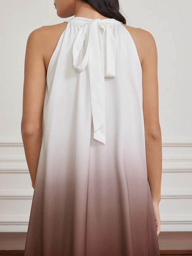 Summer Elegant Casual Vacation Halter Drawstring Tied Neck Tie Loose Straight Dip-Dyed Gradient Full Print Satin Linen Maxi Dress For Women Business Casual Women Cruise Outfit For Women