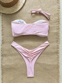 Elavelle Women's Solid Color Spaghetti Strap Metal Starfish Decor Sexy Bikini Sets, Summer - Pink - View 2