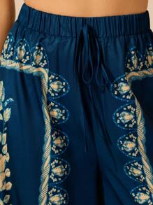 CAJUNI 女式波西米亚风热带植物印花裤，夏季休闲度假海滩阔腿阔腿裤 - Dark Blue - 查看 5