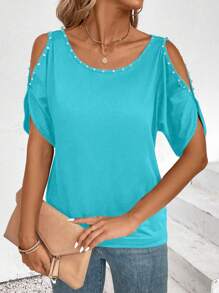 EMERY ROSE 纯色镂空休闲圆领短袖T恤，夏季