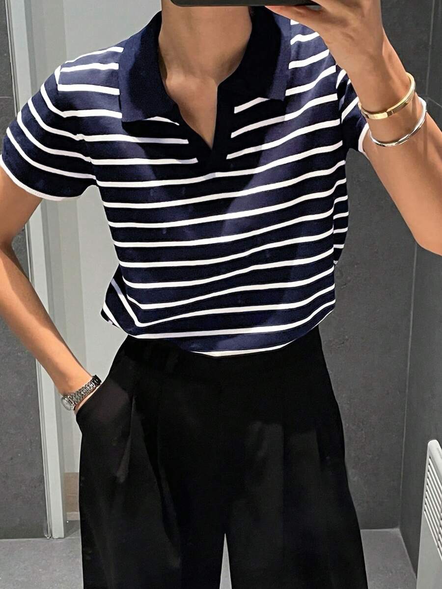 DAZY Women's Collared Striped Pullover Short Sleeve Sweater - Navy Blue - View 1