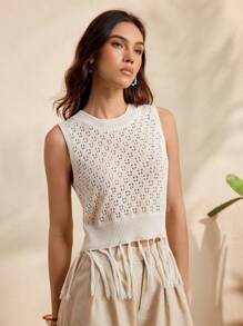 Chiquease Women's Fashion Round Neck Sleeveless Fringed Hem Hollow Knitted Tank Top, Summer - Apricot - View 5