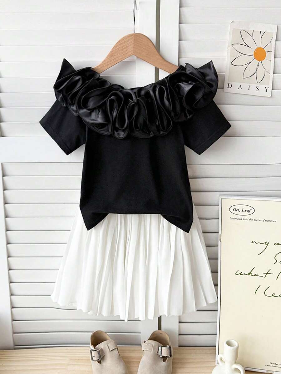 SHEIN Young Girl Summer Elegant Ruffle Short Sleeve T-Shirt + Pleated Skirt Set - Black - View 1