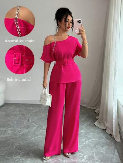 Elenzga 女式两件套：纯色不对称肩带链条腰带上衣和休闲裤