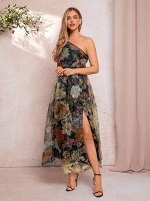 Amorya Women Floral Print Sleeveless Oblique Shoulder Exposed Shoulder Organza Waist Gather Midi Dress, Elegant For Casual Outing, Spring/Summer - Yellow - View 5