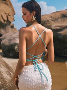 Poéselle Blue Top, Women's Floral Sequin Fashionable Elegant Camisole,Sequined Vest, Beaded Embroidery,Women's Flower Pattern Camisole Backless Tie Up Crop Top, Beach Vacation,Suitable For Summer,Suitable For Daily Wear, Going Out, Vacation, Cocktail Party, Party, Wedding Guest, Yacht Party And Other Occasions - Blue - View 2