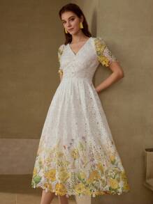 MOTF PREMIUM 花卉印花撞色蕾丝连衣裙