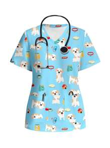 PopScrub Dog Print V-Neck Short Sleeve Casual Nursing Scrub Uniform Top, Summer - Multicolor - View 1