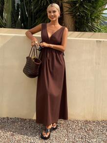 Livesso Women Colorblock V-Neck Cinched Waist Flare Long Dress, Summer Linen