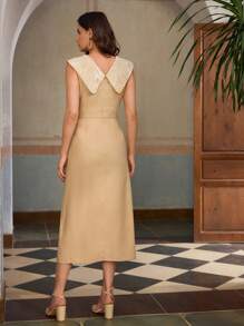 ZEYLAH Vestido largo elegante sin mangas con cuello de marinero de encaje de lino - Caqui - Ver 3