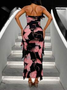 SHEIN SXY Summer Butterfly Print Flowy Ruffle Hem Backless High Slit Fitted Dress - Pink - View 2