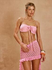 MUSERA Áo bralette dây mảnh, thắt nơ phía trước, xếp ly ở phần ngực, chất liệu giả vải lanh, phong cách mùa xuân, boho, Ibiza, thanh lịch, câu lạc bộ bãi biển, lễ hội hóa trang, mùa hè. - Hồng - Xem 1