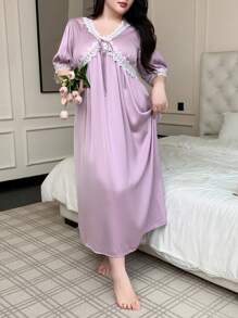 Dazy Plus Plus Size Purple Contrast Lace V-Neck Loose Long Nightgown Pajama - Purple - View 3