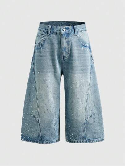 ROMWE Avant Men's Avant Casual Faded Stone Washed Rhinestone Embellished Wide Leg Denim Jeans