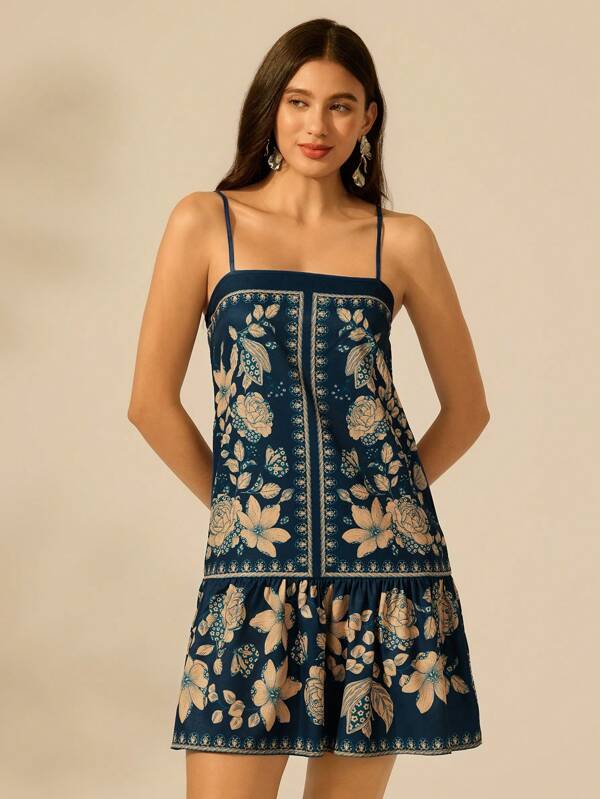 CAJUNI Women Boho Tropical Plant Print Spaghetti Strap Lace Up Back Short Casual Beach Vacation Summer Dress,Bohemian Clothes Vacation Dress