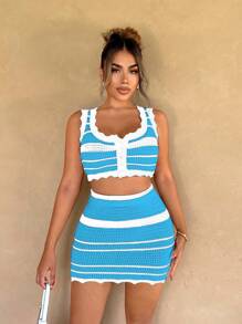 Zolique Striped Vest Top & Contrasting Boho Style Knit Mini Skirt 2-Piece Set For Women - Blue - View 3