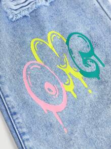 SHEIN Young Girl' Loose Distressed Blue Denim Jeans With Smiling Face & Floral Graffiti Print - Light Wash - View 6