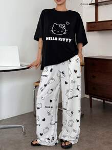 HELLO KITTY | DAZY 全身印花宽松T恤和配套宽松睡裤套装，女士春夏睡衣 - 黑色 - 查看 5