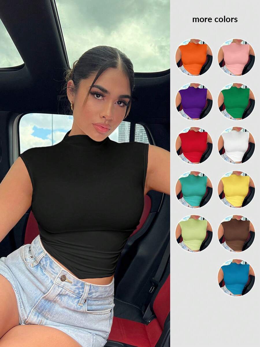 SHEIN SXY Summer Solid Mock Neck Tank Top - Black - View 1