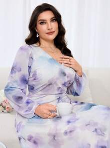 Modelyn Plus Size Women Tie-Dye V-Neck Lantern Sleeve Elegant Midi Dress - Multicolor - View 7