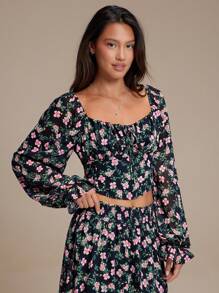 WESTFADE Spring Printed Chiffon Sweetheart Neck Bow Front Long Sleeve Crop Top - Black - View 4