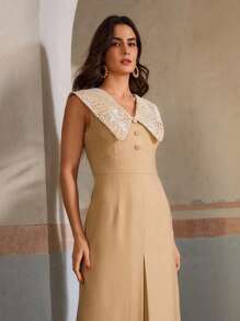ZEYLAH Vestido largo elegante sin mangas con cuello de marinero de encaje de lino - Caqui - Ver 6