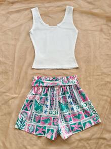 Soleia 女士 2 件卡其色休闲修身 V 领吊带背心和岛屿元素印花短裤套装，度假、海滩、派对、下午茶、夏季服装 - 彩色 - 查看 2