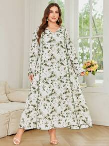 Al Najma Plus Size Women's V-Neck Ditsy Floral Plus Size Loose Casual Dress, Modest - Multicolor - View 6