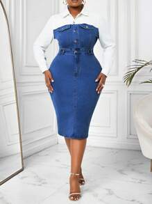 SHEIN Lady Vestido ajustado de manga larga casual de mezclilla con parches, tallas grandes
