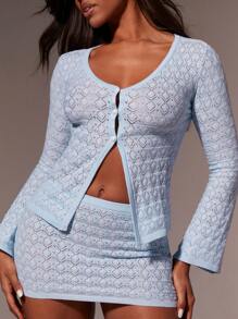 Athîral 2pcs Women Solid Color Button Up Blouse And Skirt Knitted Set - Baby Blue - View 1