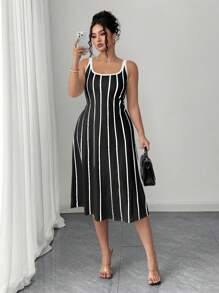 Elenzga Robe d'été élégante et romantique pour femmes de grande taille, style décontracté et ample, col carré épaules dénudées sans manches, imprimé de rayures noir et blanc, contraste des couleurs, effet affinant, idéale pour les vacances