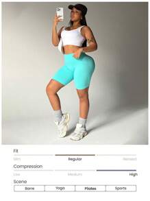 Easithlete Plus Size Women's Solid Color Elastic Waist Seamless Sports Shorts, Summer - Mint Blue - View 5