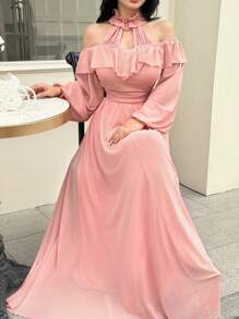 Modelyn Women's Long Neck Tied Mesh Ruffle Hem Korean Style Elegant Waist Flared Dress - Dusty Pink - View 3