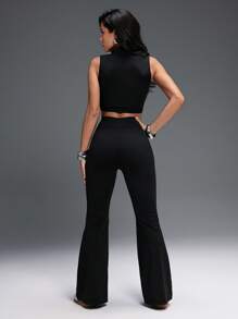 Denimoi Women Two Pieces Outfits For Daily Wear, Thick Fabric Athletic Wear Two Pieces Set, Activewear Two Pieces Set, Pilates Outfit, Cross Waist Flare Yoga Pants - Black - View 5