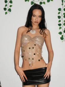 EgrlEra 女士亮片拼接渔网背心，适合酒吧、派对、音乐节 - 金色 - 查看 4