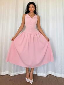 Modelyn 女士纽扣设计无袖优雅中长纯色连衣裙 - 粉色 - 查看 5