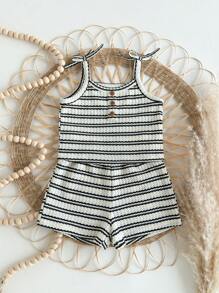 SHEIN Babygirl Cute Summer Casual Knitted Stripe Camisole Tank & Elastic Waist Shorts Set