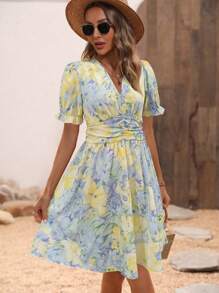 Breezaya Vacation Casual Floral All Over Print Puff Sleeve Dress - Multicolor - View 3